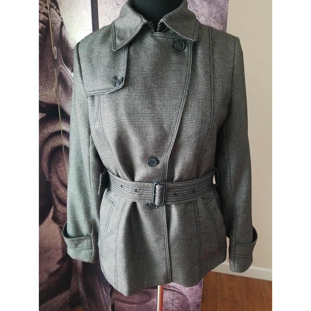 BANANA REPUBLIC Women's Belted Houndstooth Lined Mid Length Fall Coat sz 12 YJ01